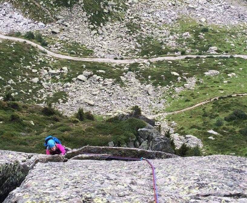Multipitch rock climbing route in the Alps